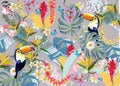 Series of tropical floral backgrounds with colorful exotic birds, jungle leaves, flowers.